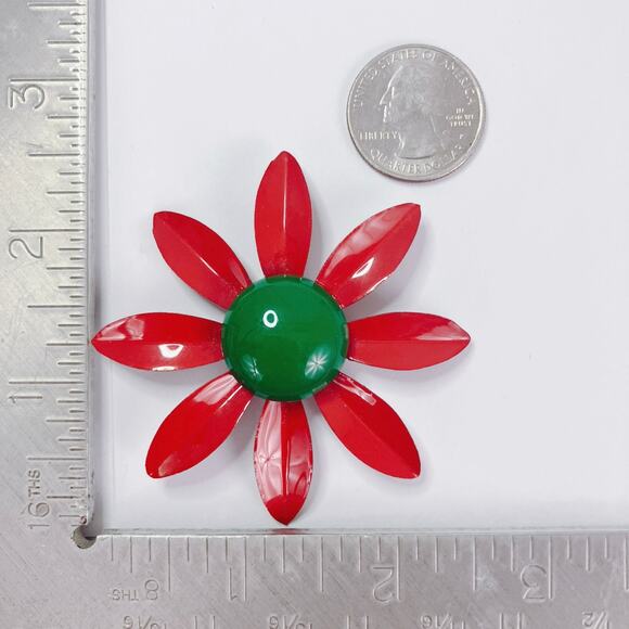 Vintage 1960s Brooch Red Green Enamel Flower  Mid Century Mod Retro Kitschy Pin - Picture 10 of 13